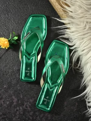 Women's Green Faux Leather Casual Slip On Flats