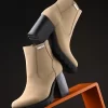 Women's Beige Faux Leather Casual Slip On Boots