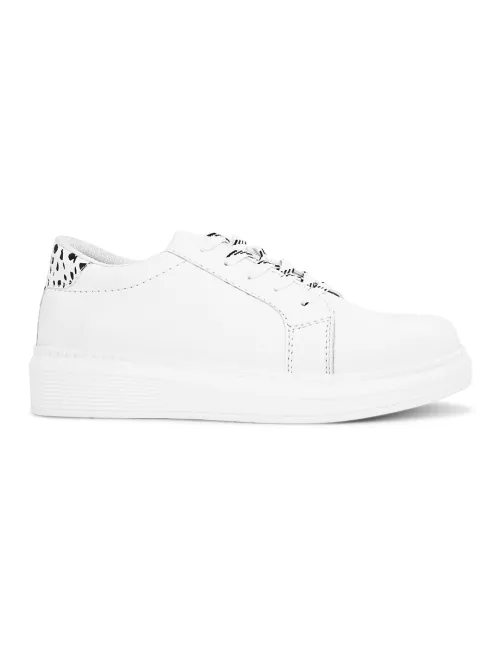 Women's White Faux Leather Casual Lace Up Sneakers