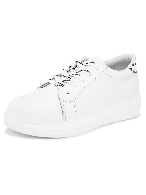Women's White Faux Leather Casual Lace Up Sneakers