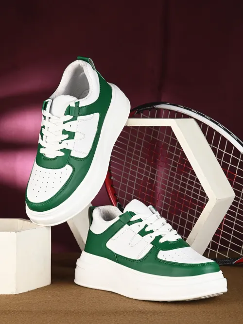 Women's Green Faux Leather Casual Lace Up Sneakers