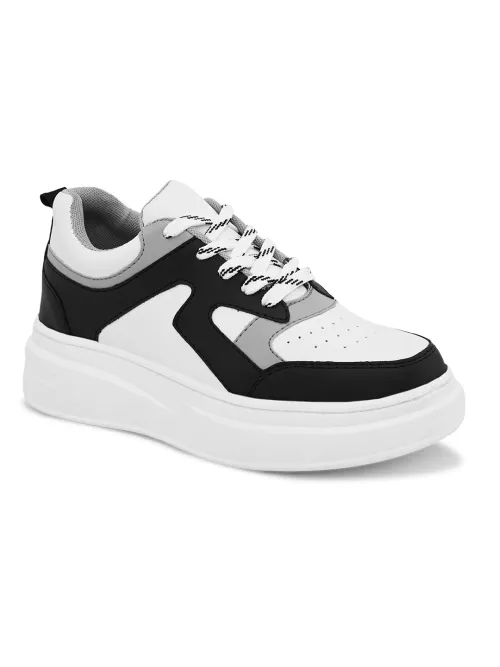 Women's Black Faux Leather Casual Lace Up Sneakers