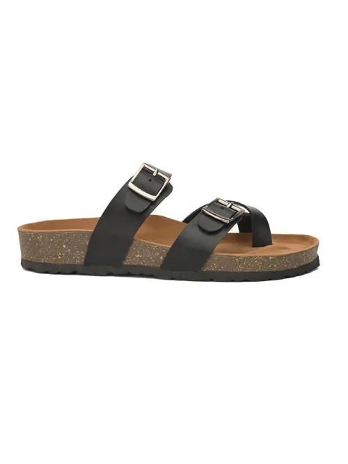 Women'S Black Faux Leather Casual Slip On Sandals