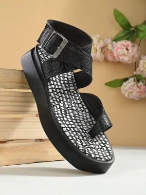 Women's Black Faux Leather Casual Slip On Platform Sandals