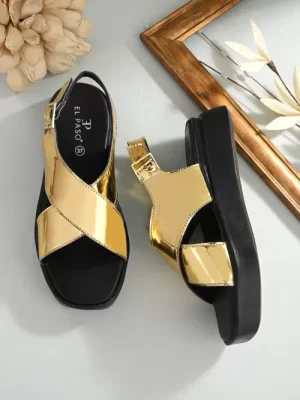 Women's Golden Faux Leather Casual Slip On Platform Sandals