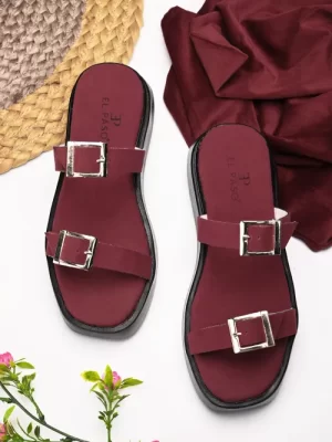 Women's Maroon Faux Leather Casual Slip On Heels