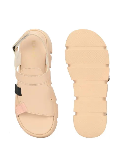 Women's Beige Faux Leather Casual Slip On Sandals