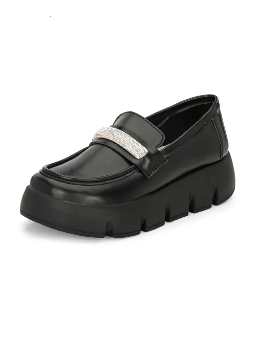Women's Black Faux Leather Casual Slip On Loafers