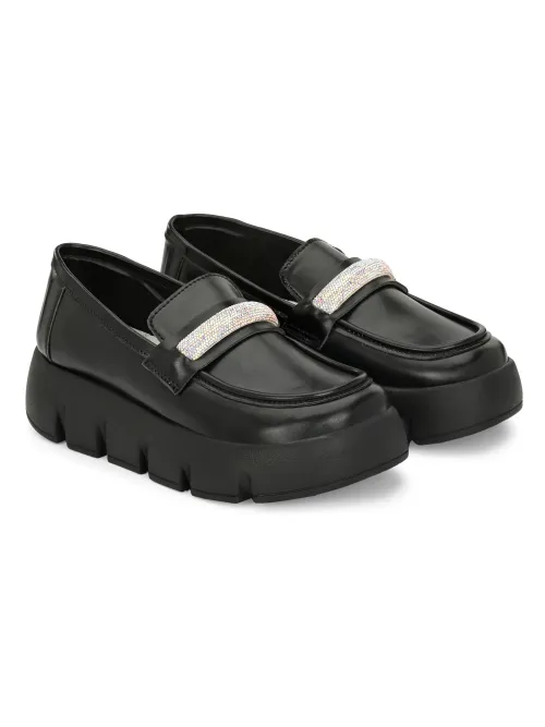 Women's Black Faux Leather Casual Slip On Loafers