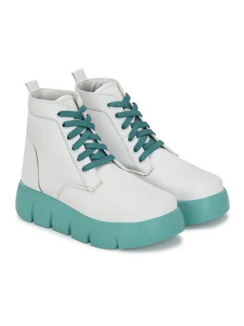Women's White Faux Leather Casual Lace Up Boots