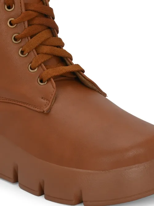Women's Tan Faux Leather Casual Lace Up Boots