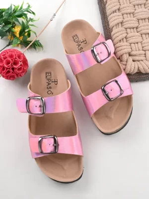Women's Pink Faux Leather Casual Slip On Sandals