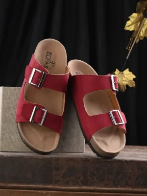Women's Maroon Faux Leather Casual Slip On Sandals
